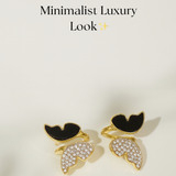 Zircon Butterfly Style Earrings for Women – Elegant Golden & Silver Studs with Black Enamel and Sparkling Stones (AWJ-997) - Silver