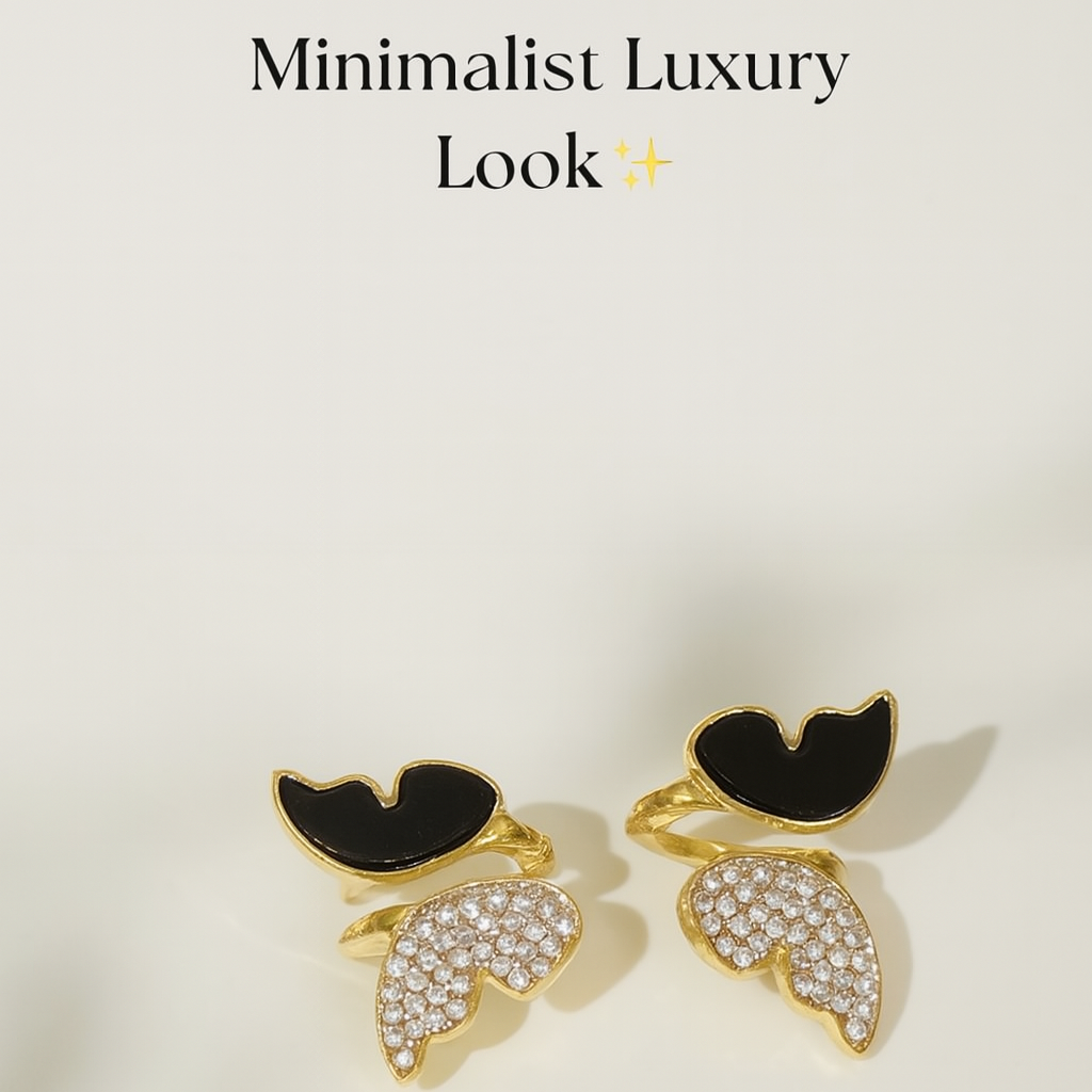 Zircon Butterfly Style Earrings for Women – Elegant Golden & Silver Studs with Black Enamel and Sparkling Stones (AWJ-997) - Silver