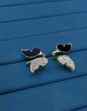 Zircon Butterfly Style Earrings for Women – Elegant Golden & Silver Studs with Black Enamel and Sparkling Stones (AWJ-997) - Silver